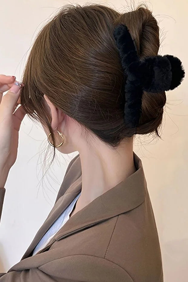 Black Plush Hair Claw Clip Set