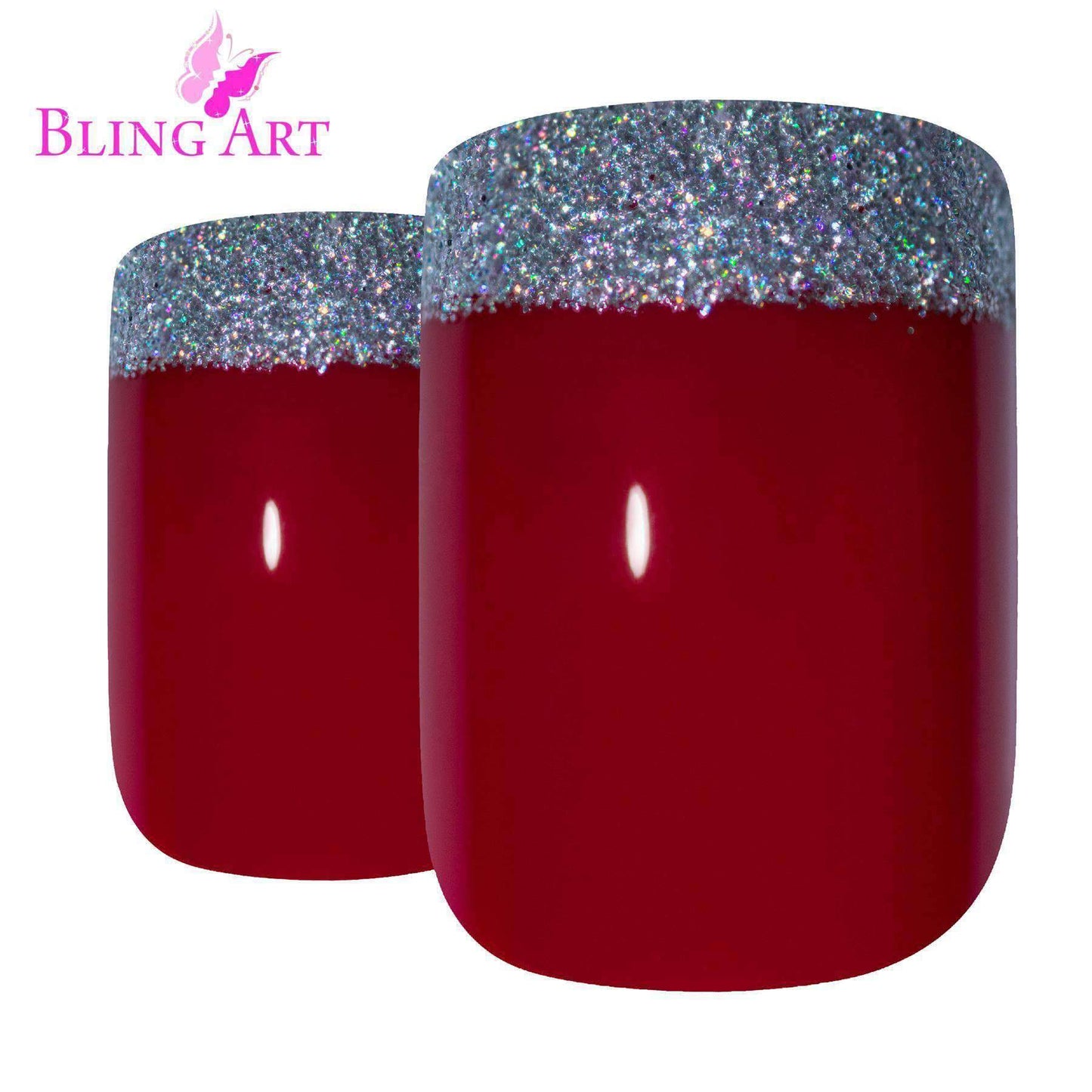 Bling Art Red Silver French Nails