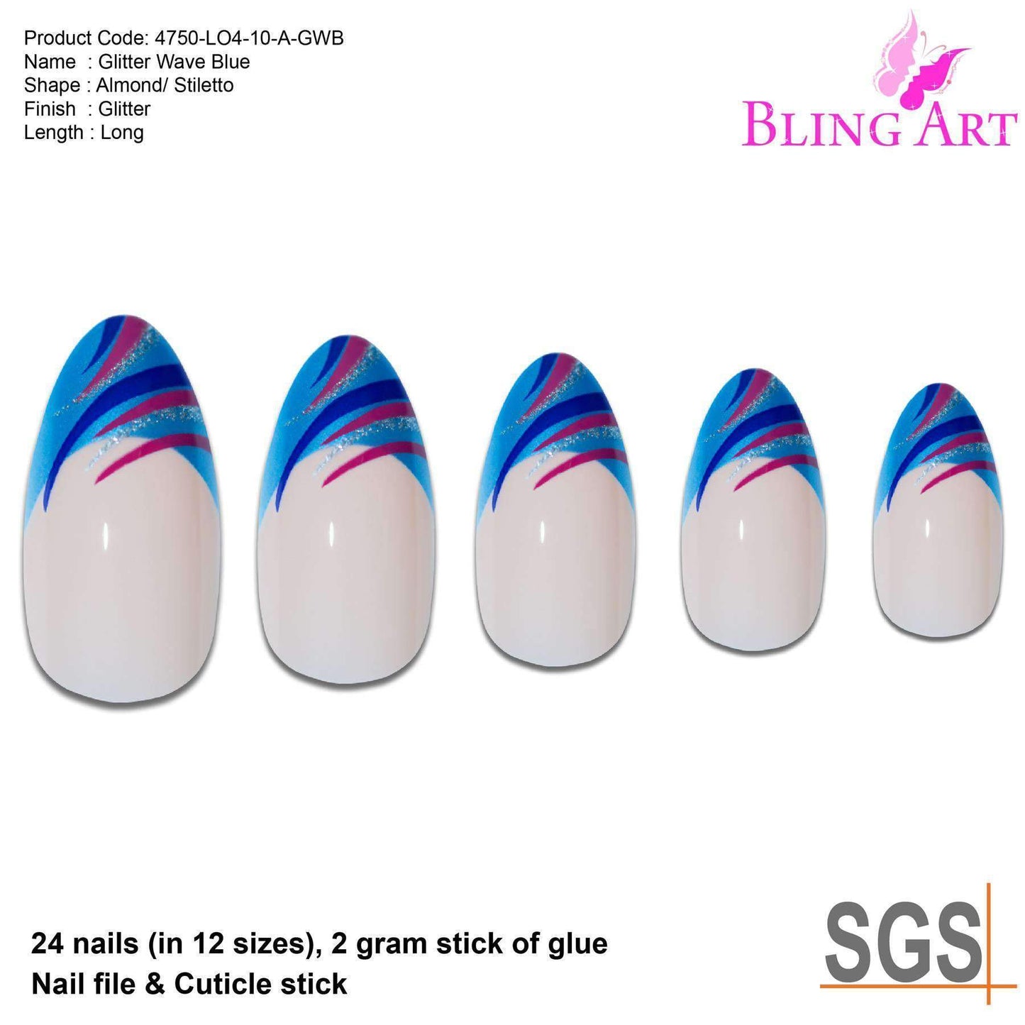 Bling Art Blue Glitter Stiletto Nails