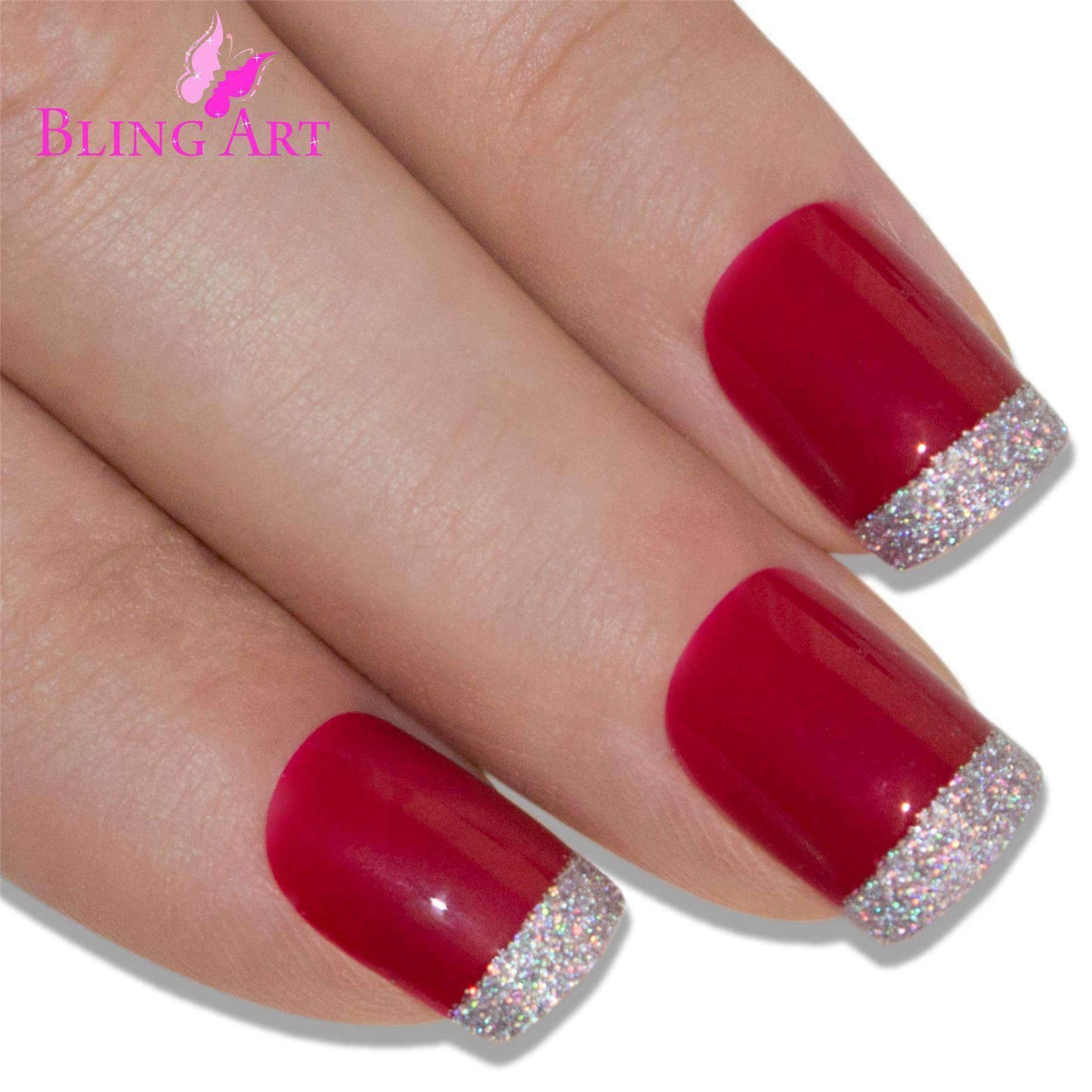 Bling Art Red Silver French Nails