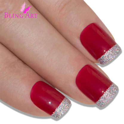 Bling Art Red Silver French Nails