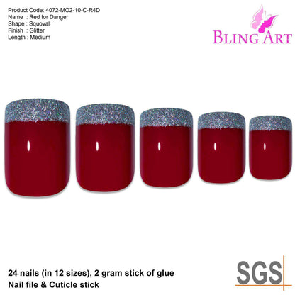 Bling Art Red Silver French Nails