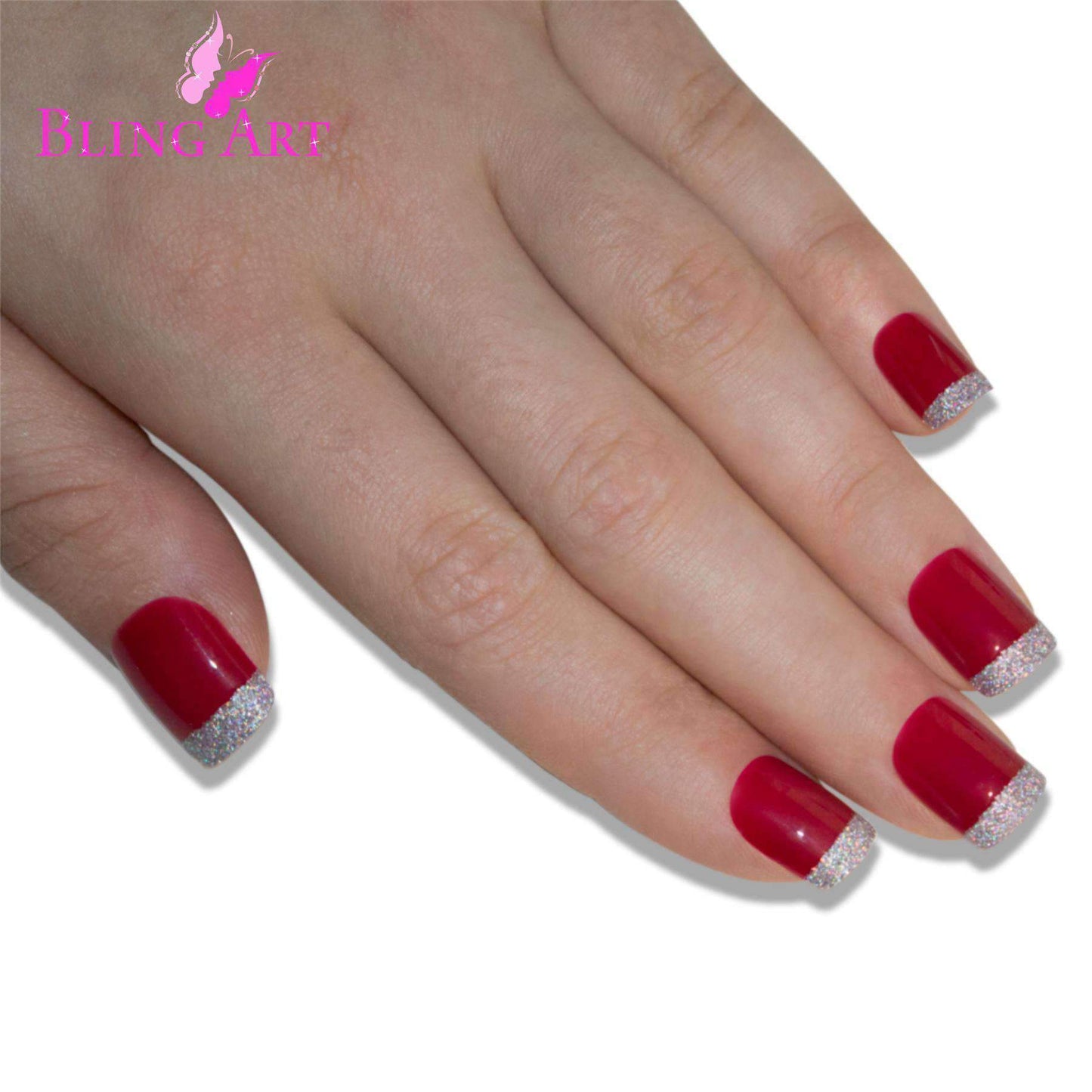 Bling Art Red Silver French Nails