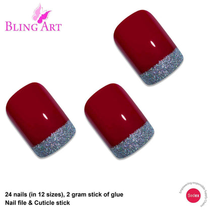 Bling Art Red Silver French Nails