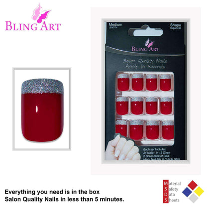 Bling Art Red Silver French Nails