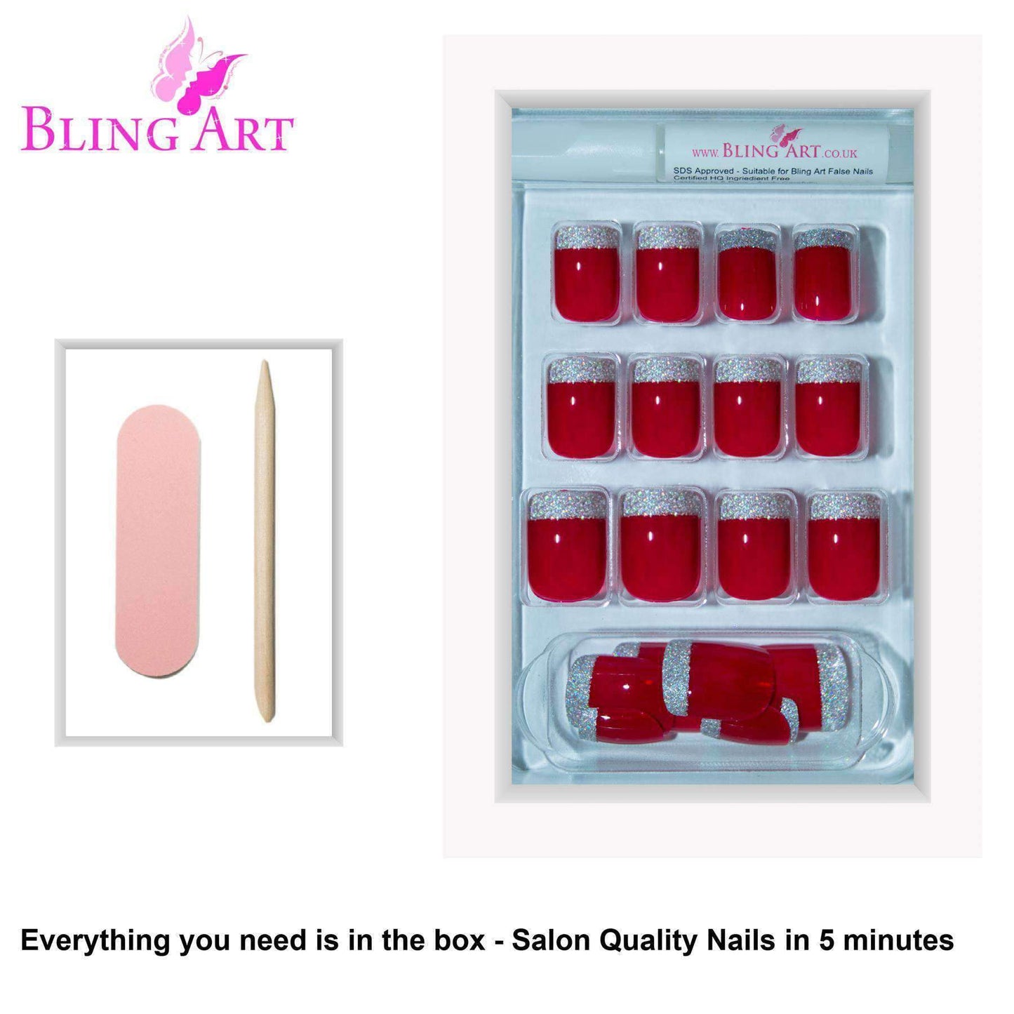 Bling Art Red Silver French Nails